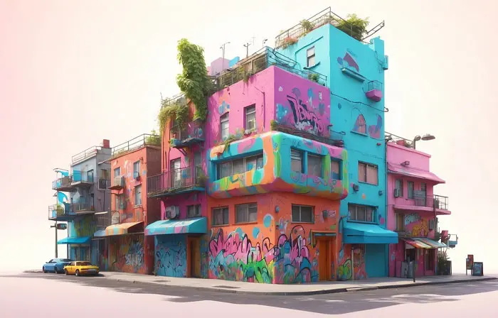 Multi Colored Buildings 3D Cartoon Style Illustration
